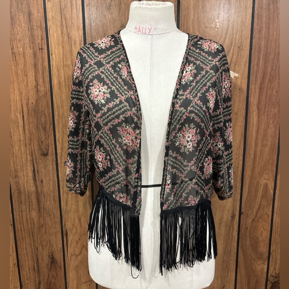 Floral Print Sheer Chiffon Bolero with Fringe